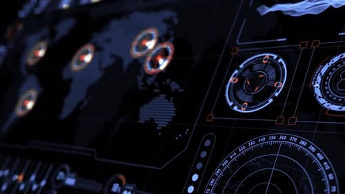 Head-up-Display-Technologie, Schnittstellenbildschirm mit futuristischen 3D-Elementen, Diagramm und Chat-Panel