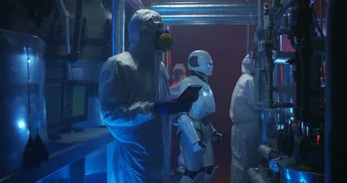 Wissenschaftler und Roboter führen Wartungsarbeiten durch