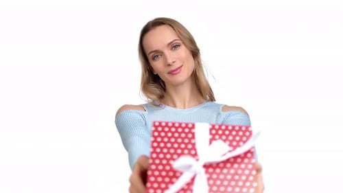 Happy Woman Holding Birthday Present with White Background