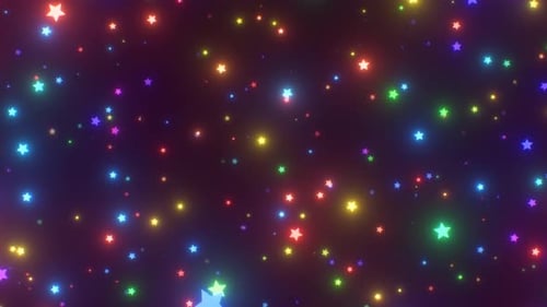 Flying in Field of Tiny Rotating Rainbow Star Shapes Neon Glow Lights - 4K