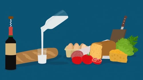 Assorted Grocery Products With Wine. Animated cartoon flat style fresh food.