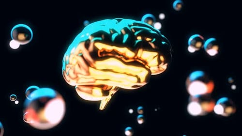 Futuristic Golden Brain Rotating with Neural Network Glowing Bubbles