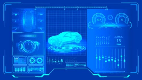 Futuristic Holographic Car HUD Interface with Data Analysis