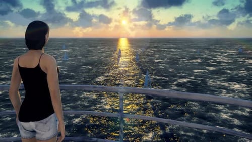 Golden Sunset Over Ocean with Sailboats and Lens Flare