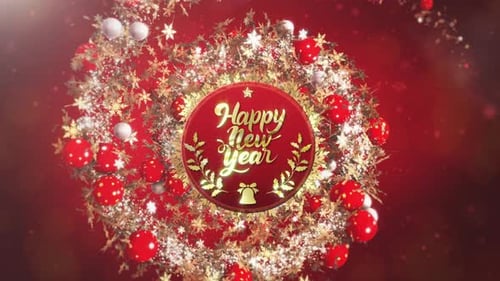 Sparkling Happy New Year Celebration Wreath with Red and Gold Ornaments