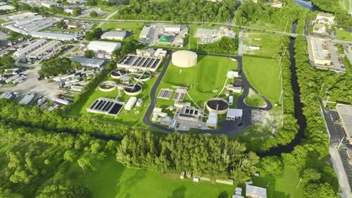Aerial View of Modern Water Cleaning Facility at Urban Wastewater Treatment Plant