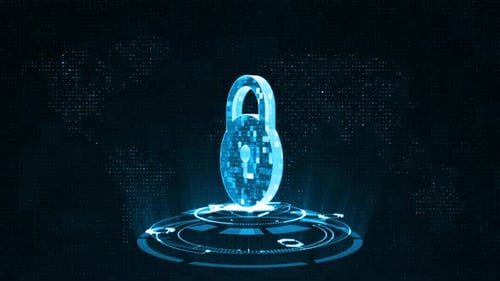 3D Blue Sicherheitsschlüssel mit Rotationskreis-Technologie abstrakter Hintergrund Netzwerksicherheitskonzept