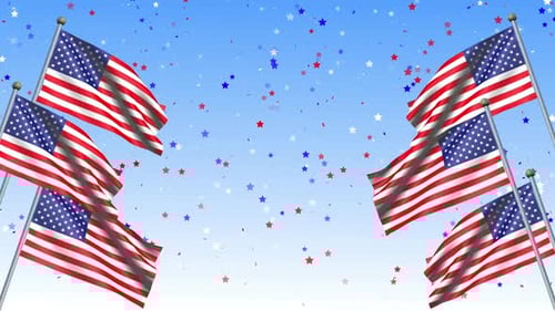 Waving US Flags with Falling Confetti for Patriotic Celebrations