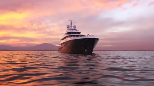 Big, luxury yacht sailing in the open sea during beautiful pink sunset. 4K HD