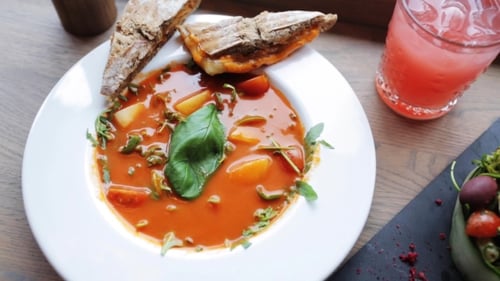 Gazpacho Soup, Salad And Drink At Restaurant 25