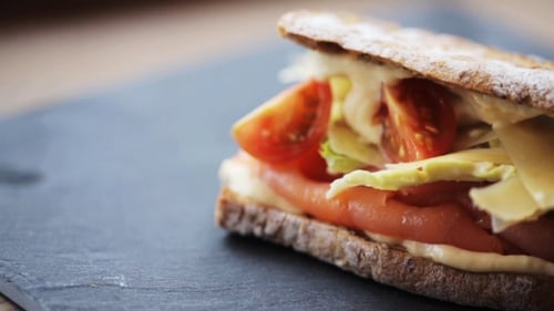 Close up of Tomato, Salmon and Cheese Sandwich