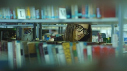 Beautiful Brunette Student Chooses a Book in the Library