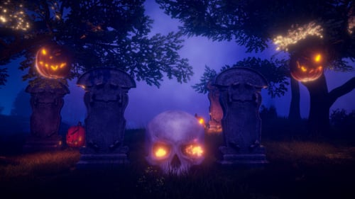 Animated Halloween Graveyard Scene with Glowing Skull and Pumpkins