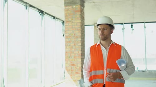 Desenvolvedor engenheiro no edifício de inspeção de capacetes