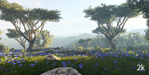 Panorama Of Green Meadows With Blue Flowers