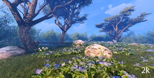 Green Meadow With Blue Flowers