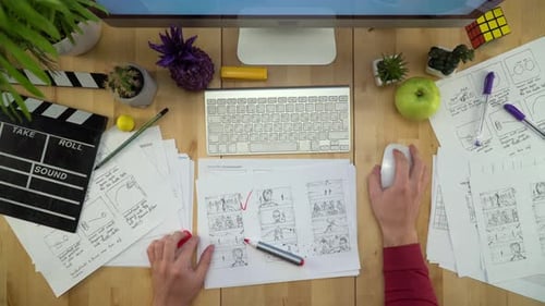 Reviewing Storyboard with Red Checkmarks at Desk