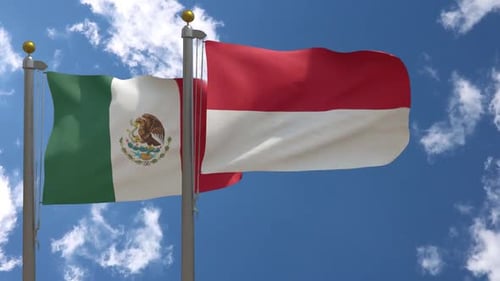 Mexico and Indonesia Flags Waving Against Blue Sky