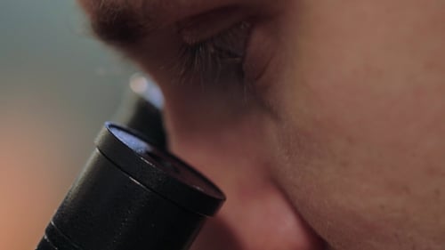 Scientist Looking Through a Microscope In a Laboratory. Young Doctror Diagnostic Shot