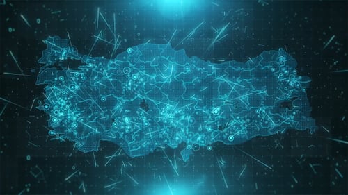 Futuristic Digital Map of Turkey with Glowing Data Network Animation