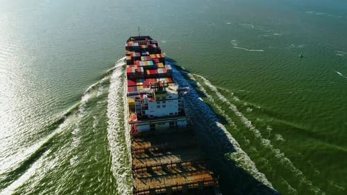 Cargo Ship Sailing in Open Water, Aerial View