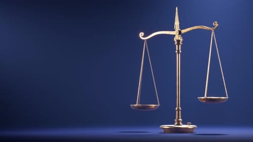 Antique golden jewelry balance scale on blue background. Seamless animation. 4k