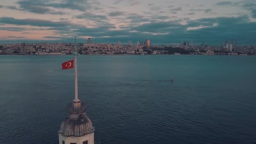 Aerial maiden tower at sunrise in istanbul bosphorus