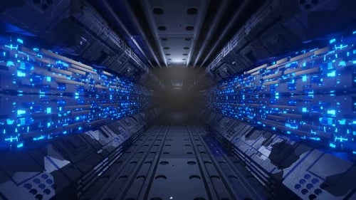 Spaceship corridor, glowing walls. Camera movement along a metal corridor. Seamless animation..