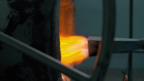 Hot Steel Burned By Modern Burner. Red Hot Metal With Fire
