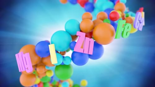 Rotating DNA Helix of Colorful Chemical Elements and Spheres