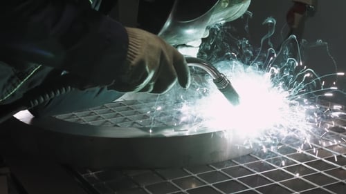Welder Industrial Automotive Part In Factory, Hot Metal Welding On Modern Workshop