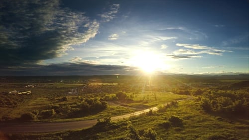 Scenic Countryside at Sunrise Golden Hour Aerial View