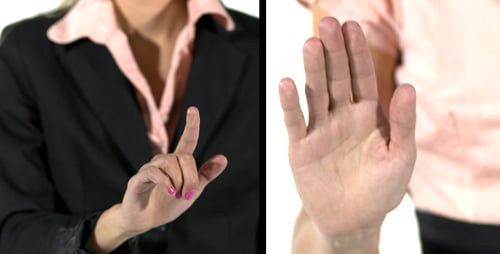 Woman Demonstrating Numbers and Measurements on White Background
