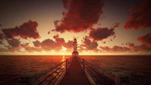 Lighthouse at Sunset on Pier Over Ocean Animation