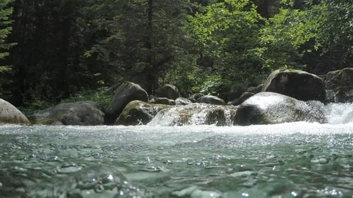 Underwater View of Clear River with Bubbles