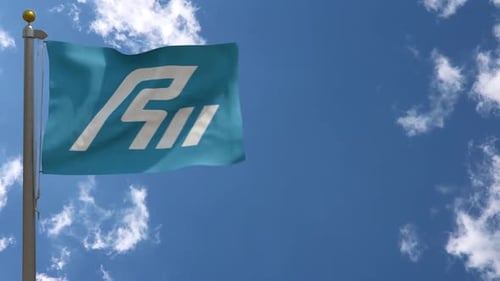 Waving Realistic Brand Logo Flag on Clear Blue Sky