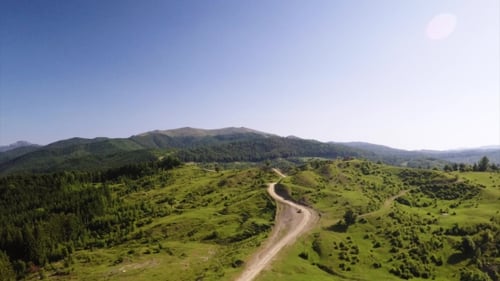 Camino a través de colinas boscosas verdes