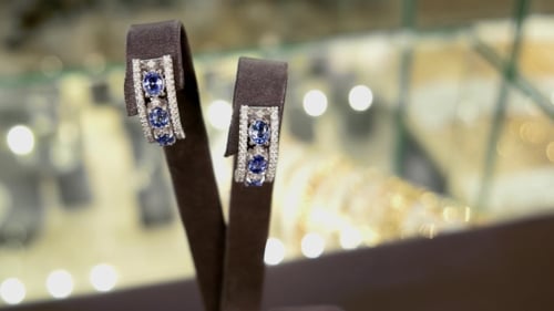 Women Jewelry On a Stand-round Visibility. Earrings With Diamonds On In Storefront At a Jewelry