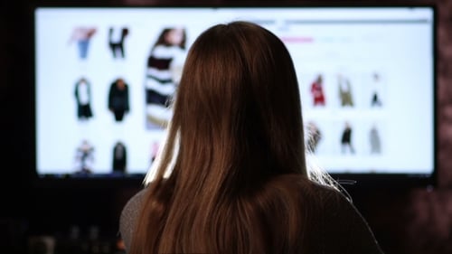 Back View Of Woman Shopping Online With Computer