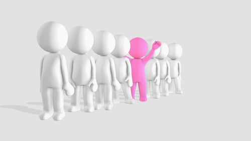 Animated Pink Figure Waves Among White 3D Characters