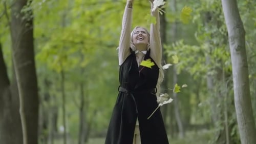 Beautiful Smiling Young Woman Walking In a Park, Throwing Up Autumn Maple Leaves.
