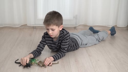 Kleiner Junge spielt zu Hause mit Dinosauriern auf dem Boden