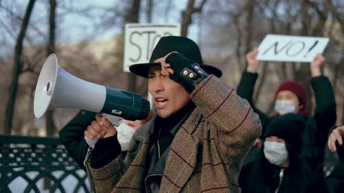 Many People Shout Street Banner. Aggressive Crowd. Asia Poster. Political Strike