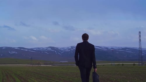 Geschäftsmann in Anzug und Businesstasche, der auf dem Feld spaziert.