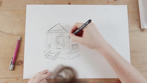 Hand Drawing Colorful House Sketch on White Paper