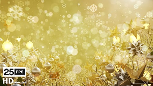 Golden Christmas Background with Sparkling Snowflakes and Decorations