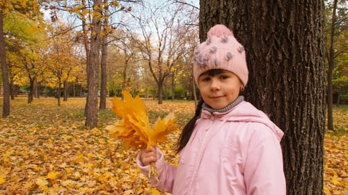 Girl with Autumn Leaves in Park