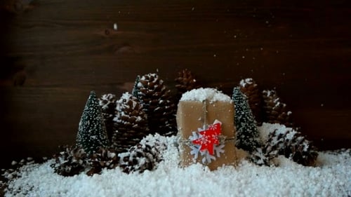 Christmas Gift with Pinecones and Artificial Snow