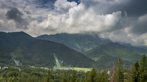 Cloudy day in Zakopane view to Mount Giewont and ski jump, Poland