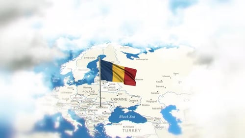 Waving Flag of Romania Over European Map with Clouds